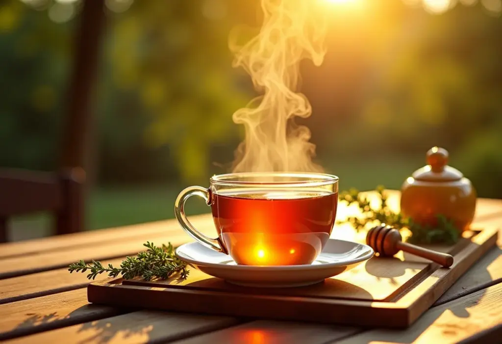 Mesa com chá de tomilho e mel em estilo rústico