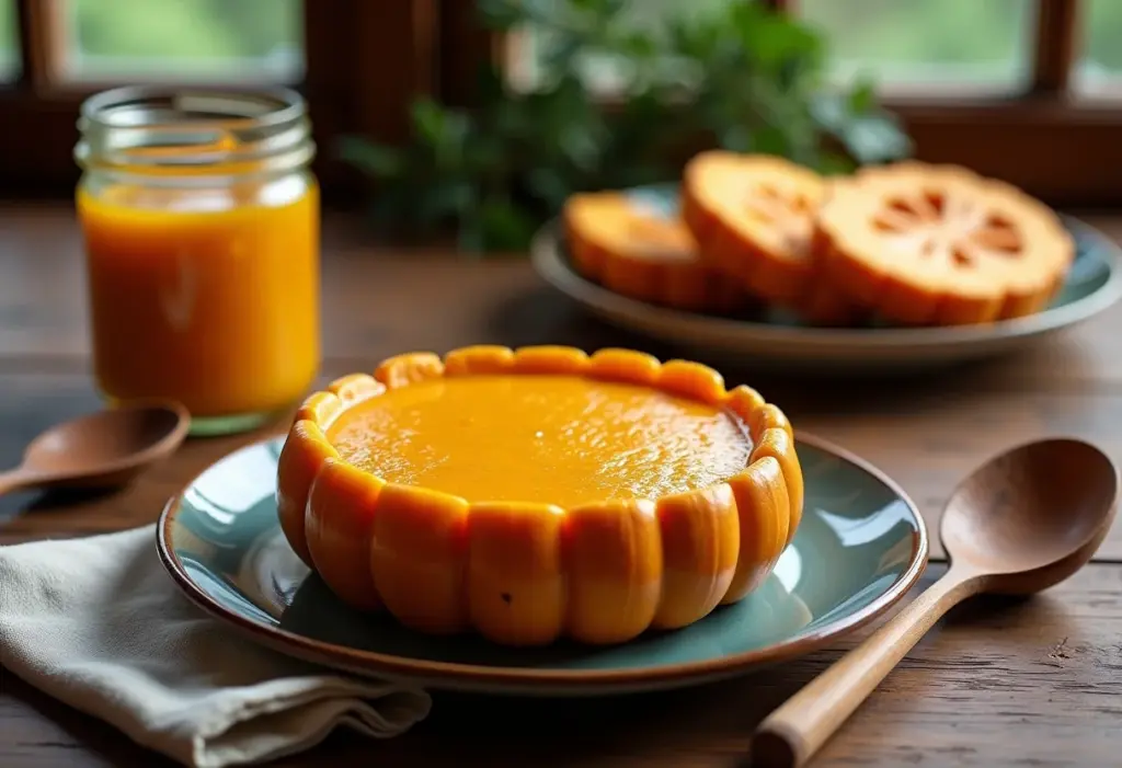 Mesa com doce de abóbora com cal caseiro em pote de vidro.