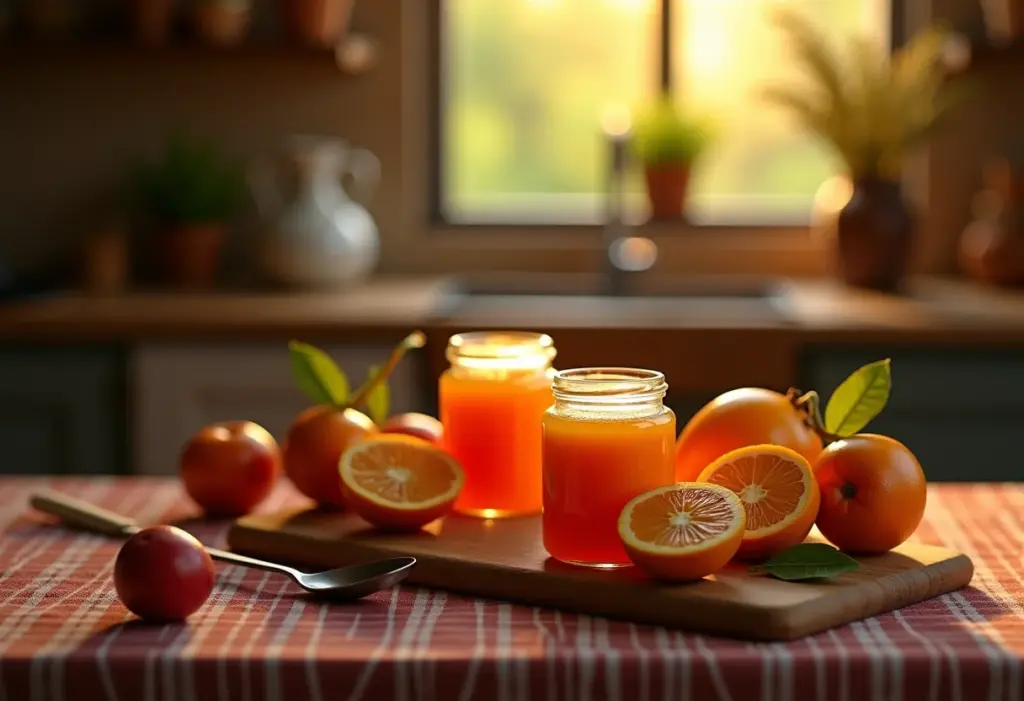 Mesa com doce de mangaba caseiro em pote de vidro.