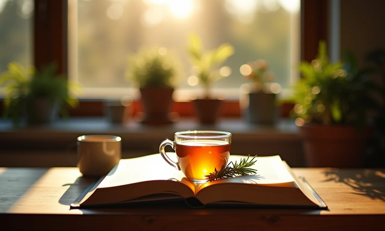 Mesa com livro aberto e chá de alecrim e limão, foco na concentração.