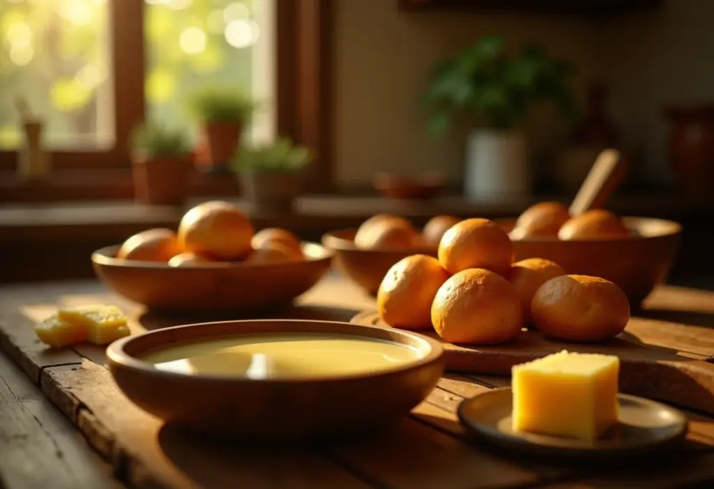 Mesa com pão de queijo recheado com doce de leite