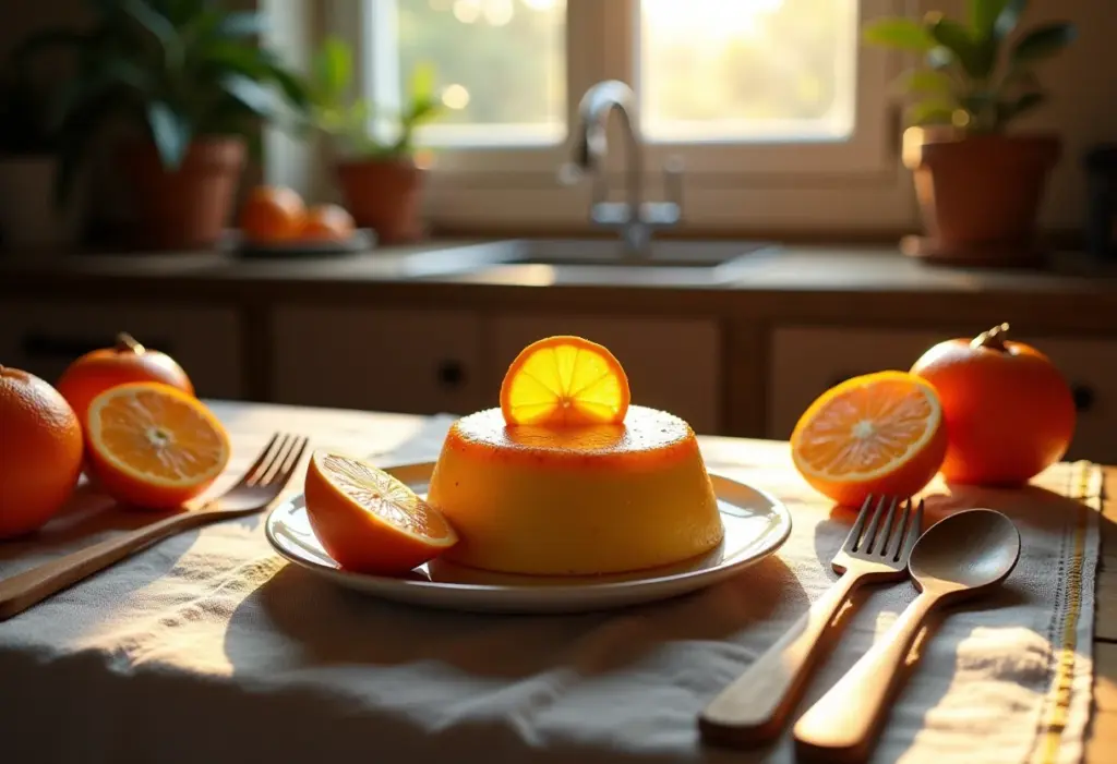 Mesa com pudim de laranja caseiro em ambiente rústico