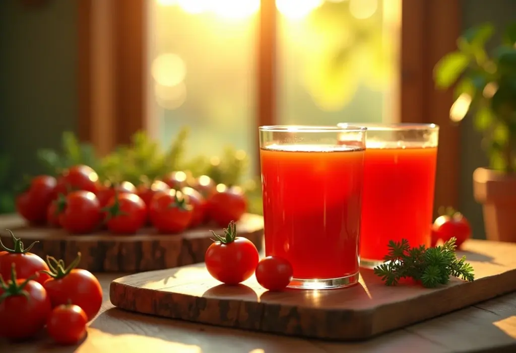 Mesa com suco de tomate fresco e ingredientes rústicos