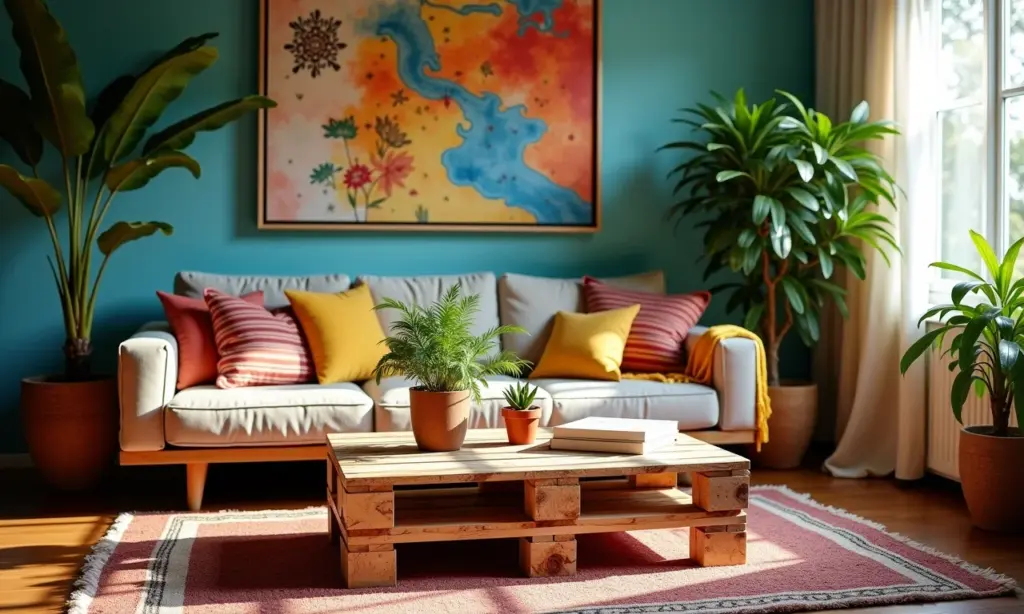 Mesa de centro de palete charmosa em sala de estar aconchegante com decoração brasileira.