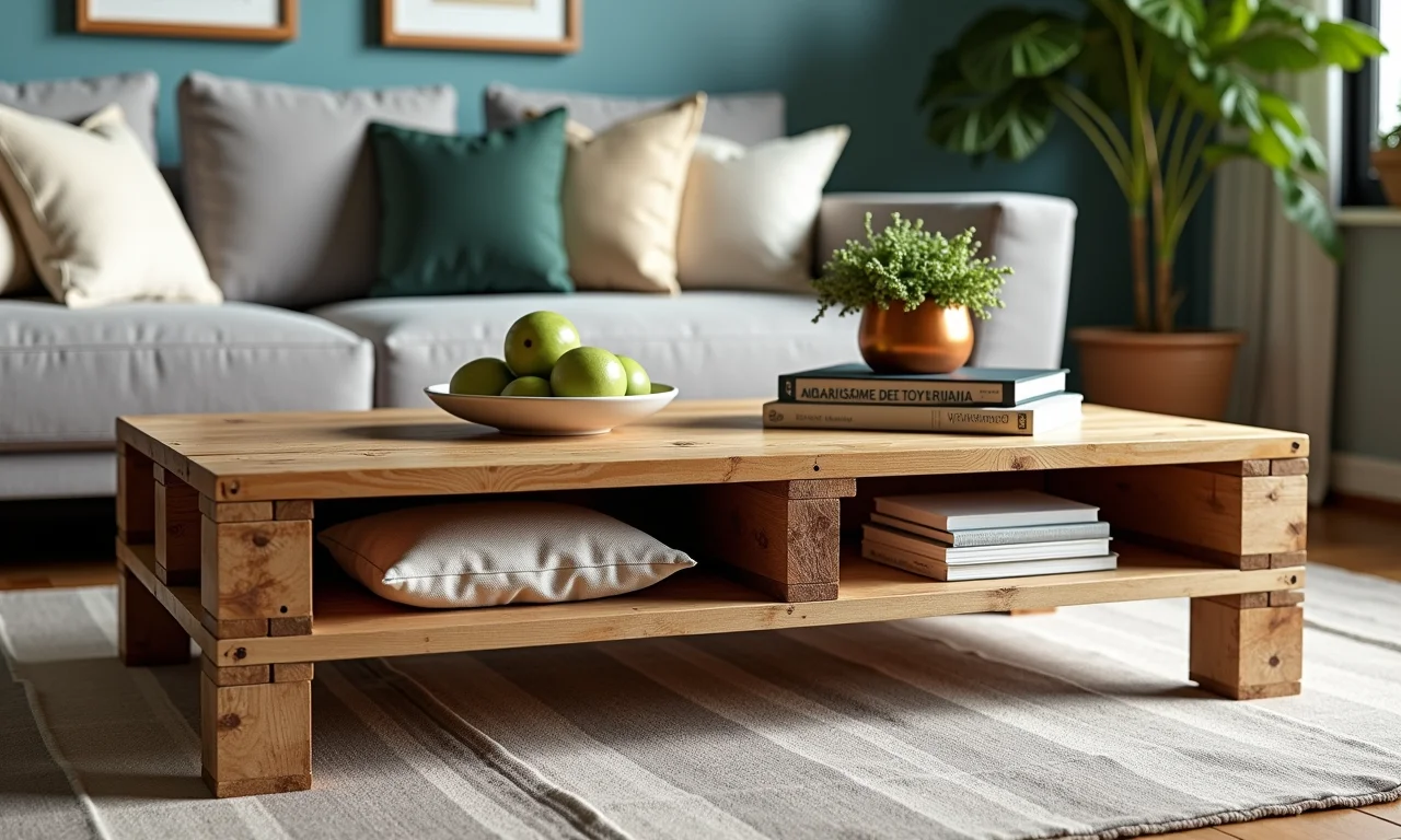 Mesa de centro de palete com nichos para organizar seus objetos.