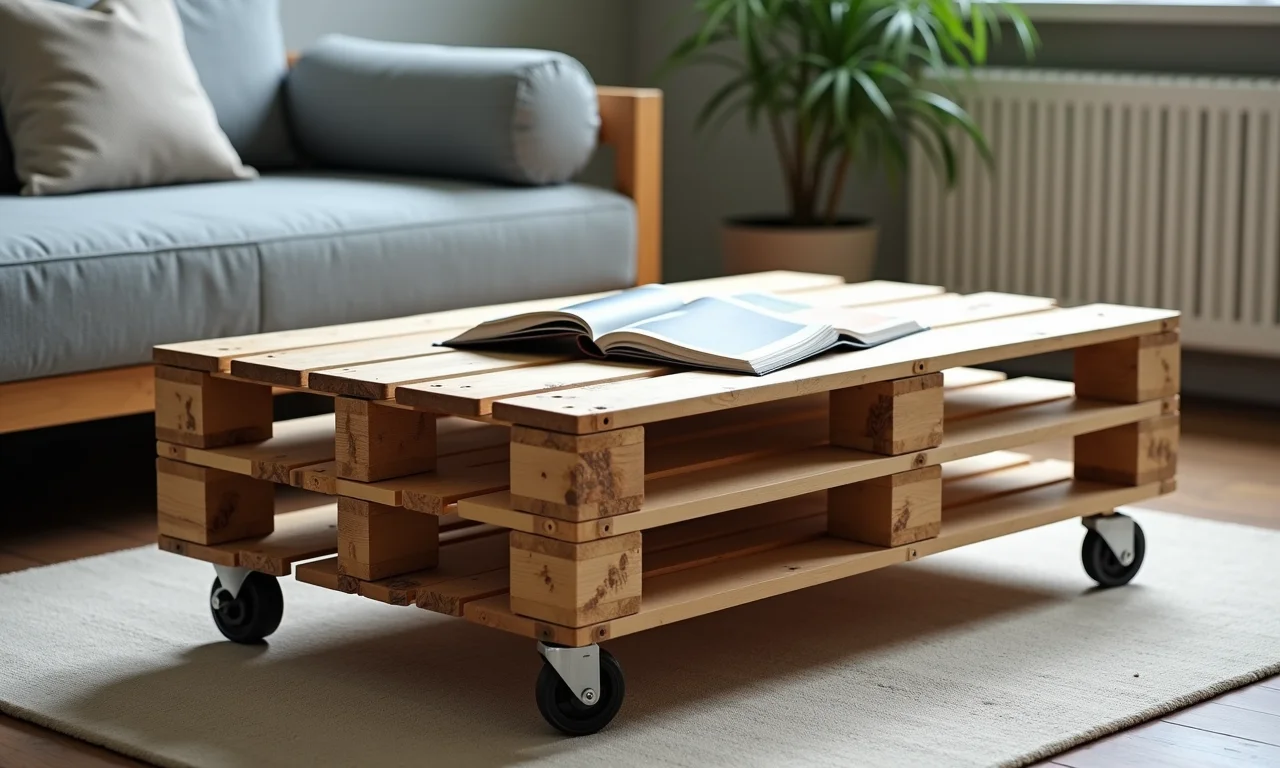 Mesa de centro de palete com rodinhas para facilitar a movimentação.