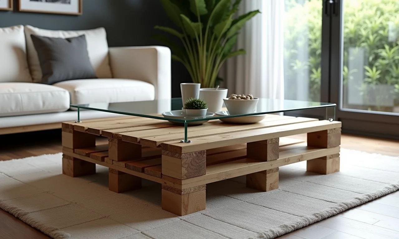 Mesa de centro de palete com vidro para um toque elegante.