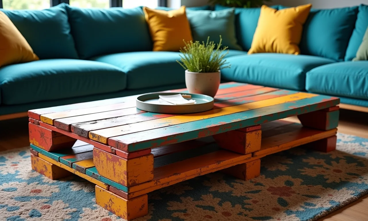 Mesa de centro de palete pintada com cores vibrantes e design único.