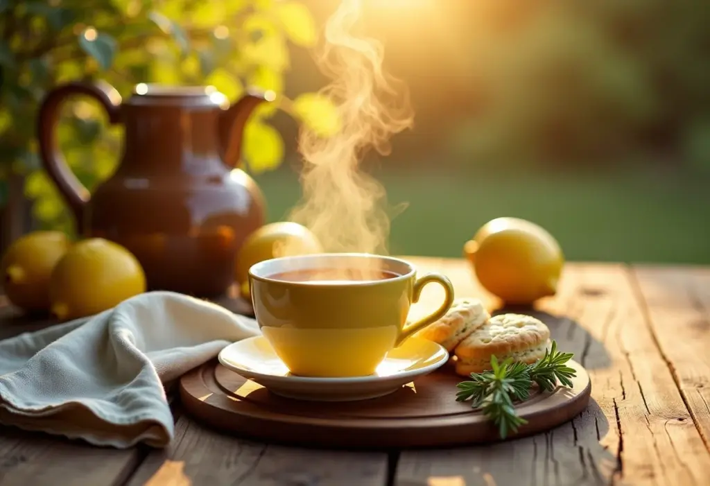 Mesa de chá da tarde com chá de capim-cidreira e biscoitos caseiros.