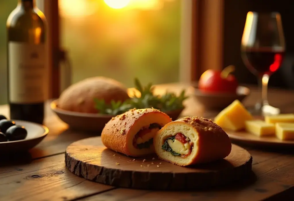 Mesa de festa com pão italiano recheado