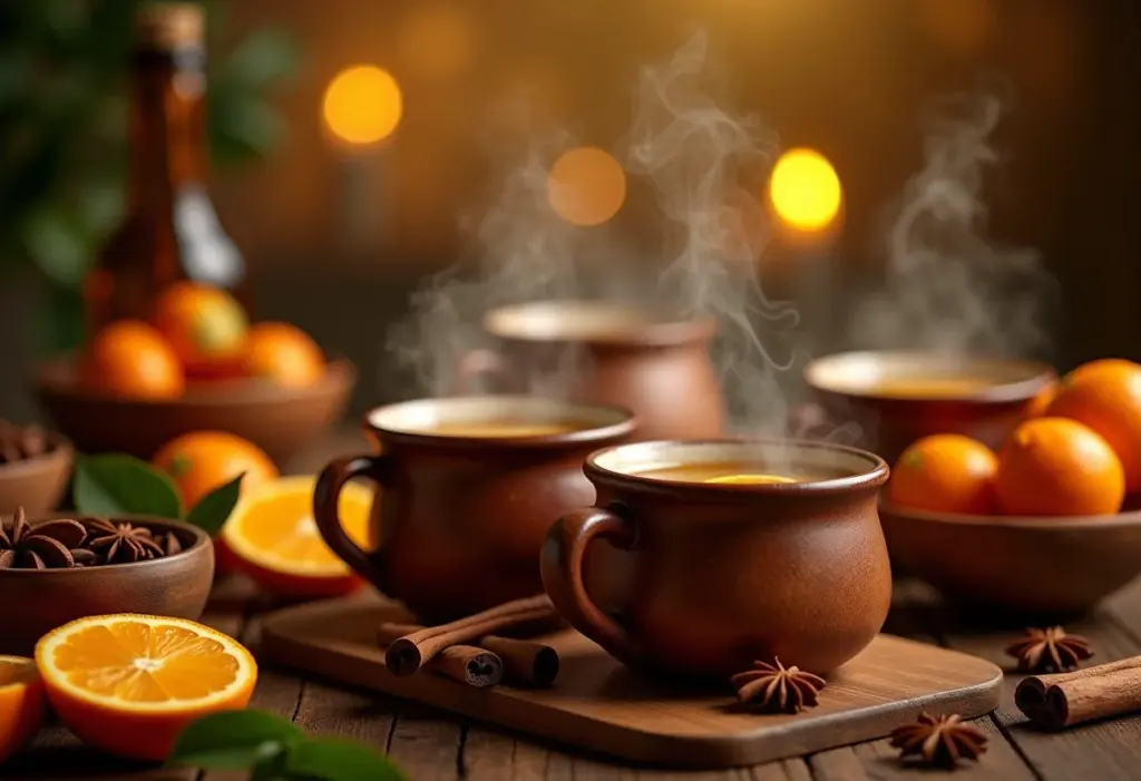 Mesa de festa junina com vinho quente fumegante, especiarias e frutas.