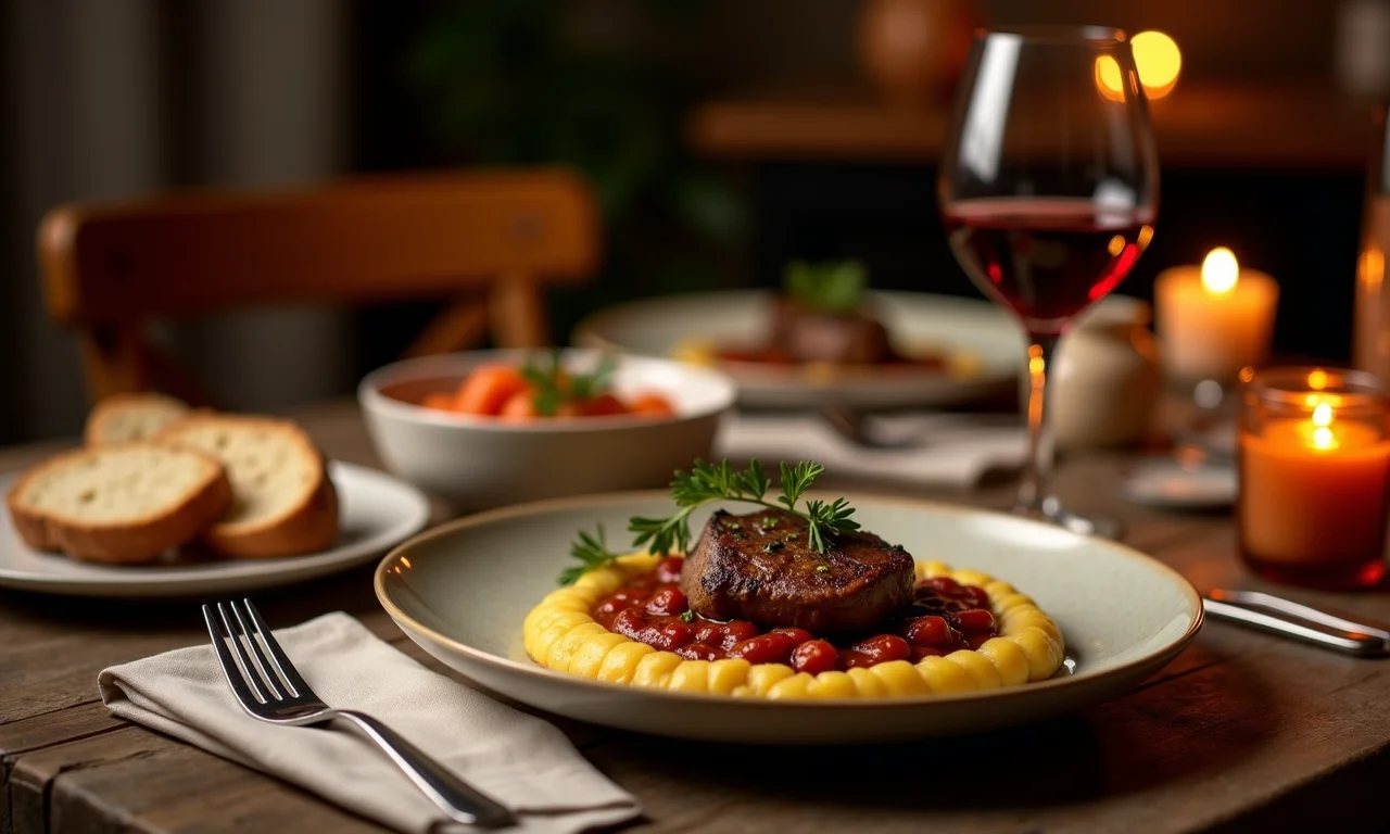 Mesa de jantar aconchegante com polenta e ossobuco.