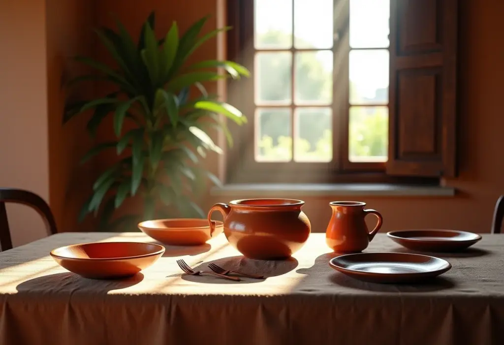 Mesa de jantar com louças de cerâmica rústica