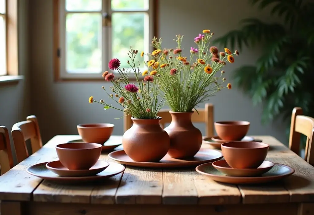 Mesa de jantar decorada com cerâmica rústica.