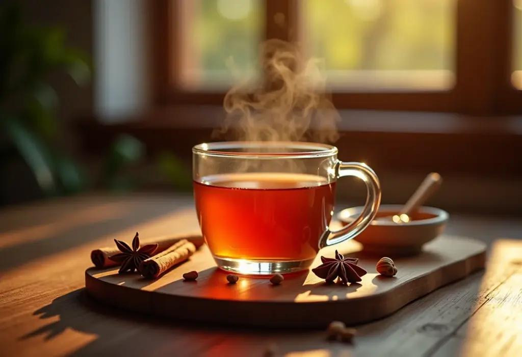 Mesa de madeira com chá chai e especiarias