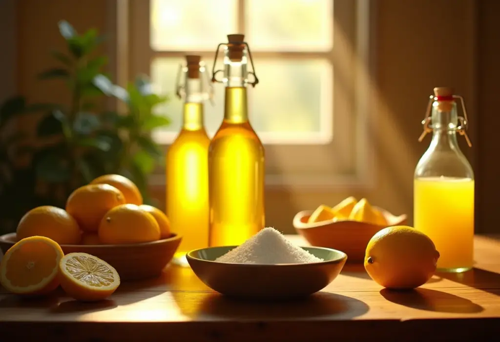 Limoncello Caseiro: O segredo italiano para uma receita perfeita Mesa de madeira com ingredientes para Limoncello caseiro