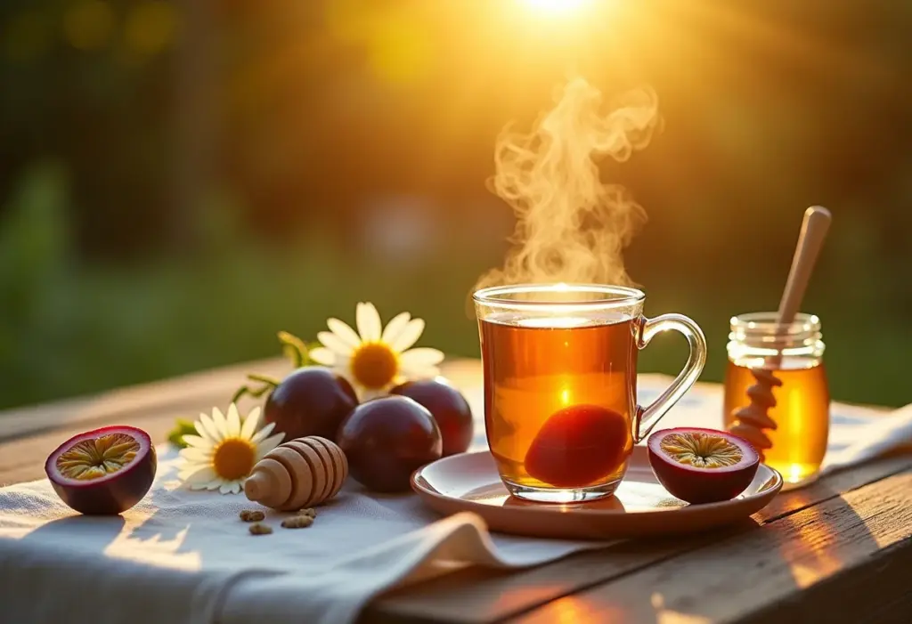 Mesa de madeira rústica com chá de maracujá e camomila.