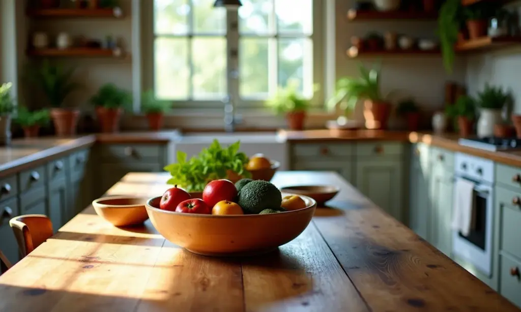 Mesa de madeira rústica como ponto focal em cozinha de fazenda brasileira ensolarada.