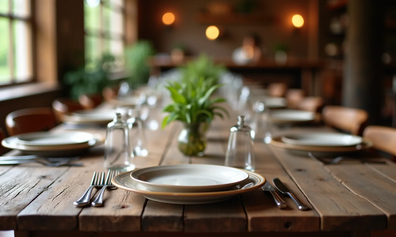 Mesa de madeira rústica pronta para o almoço, com decoração Farm Rio e luz natural.