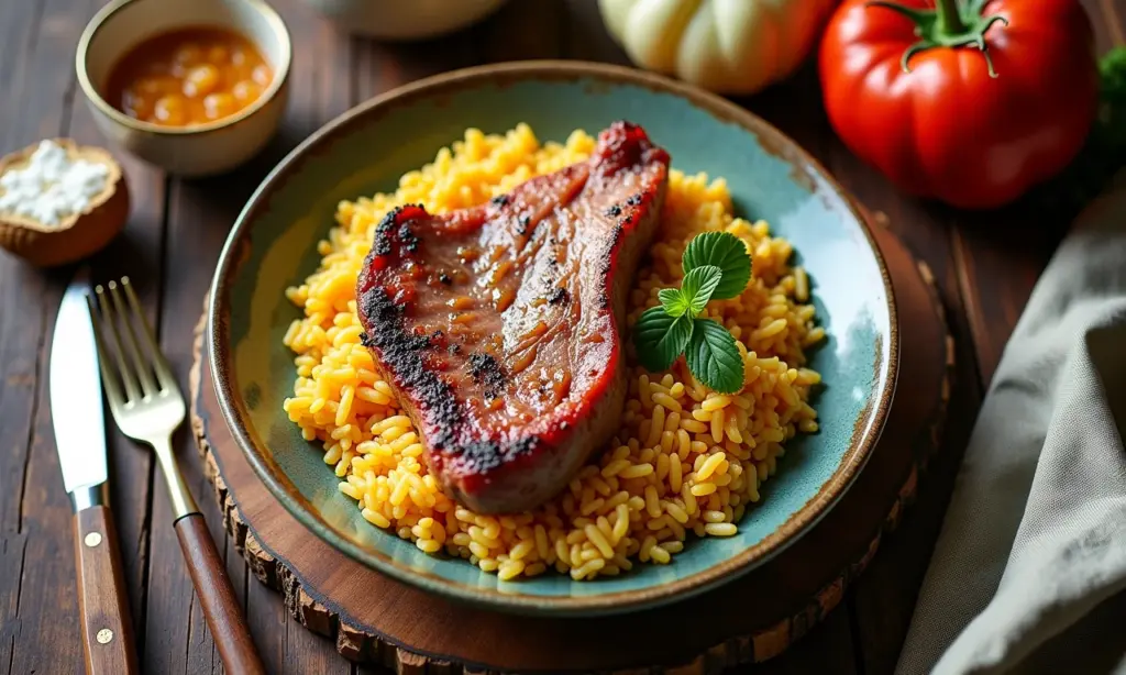 Mesa farta com almoço de roça completo: frango caipira, arroz com pequi, tutu de feijão e couve refogada.