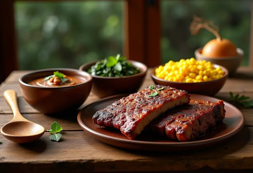 Mesa farta com angu mole, duro e cremoso, acompanhamentos e decoração rústica.