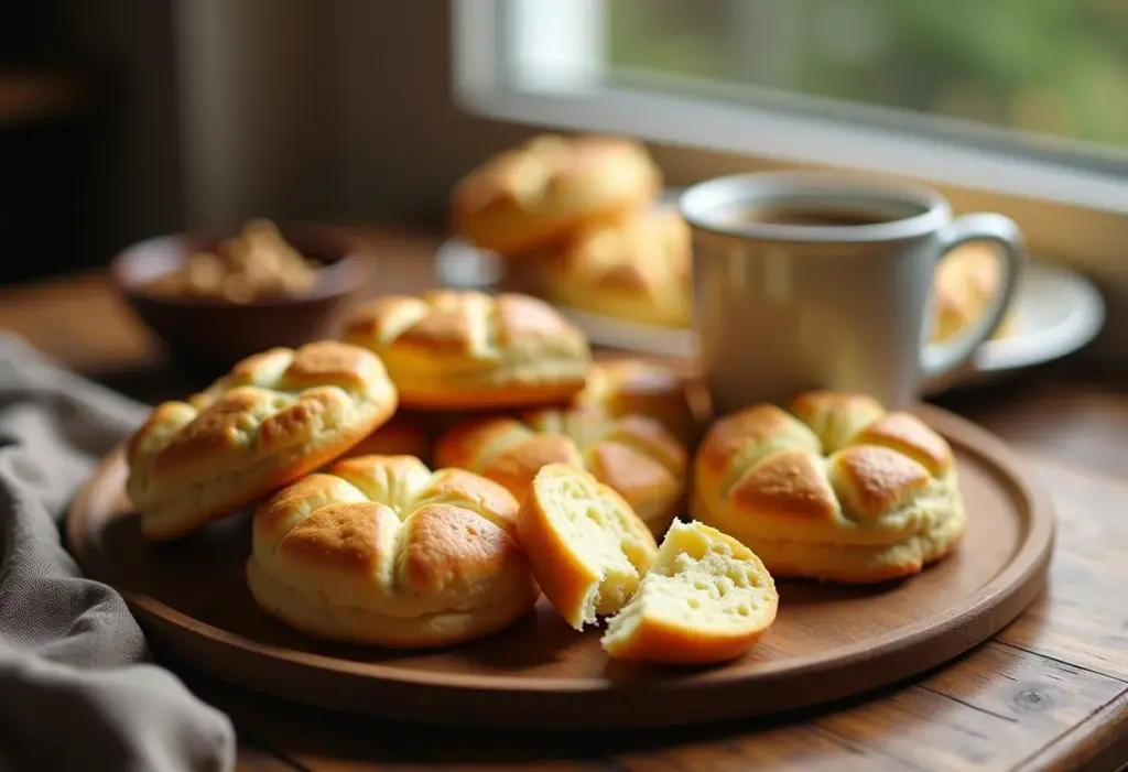Mesa farta com biscoitos de queijo caseiros e café.