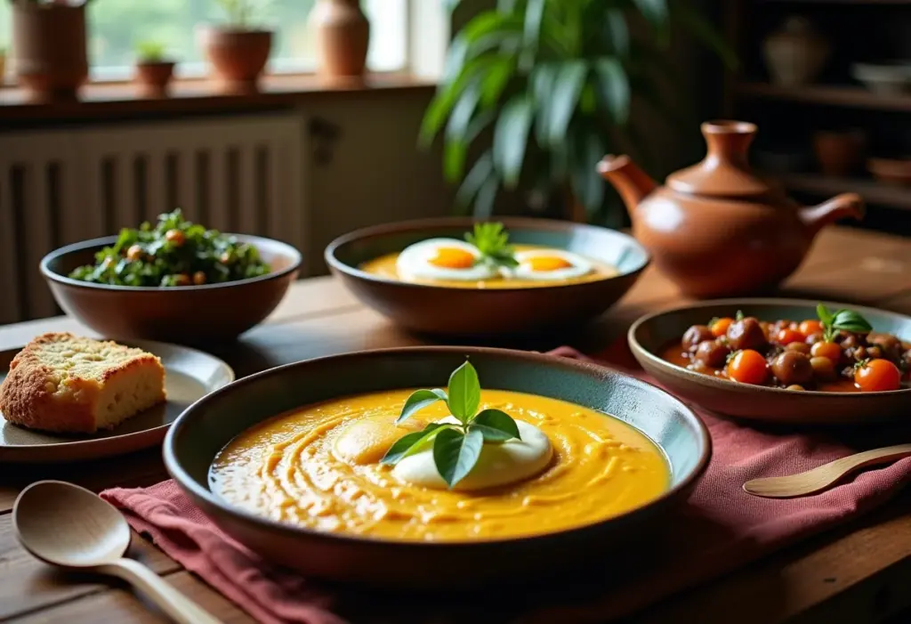 Mesa farta com diferentes tipos de Angu e acompanhamentos tradicionais.