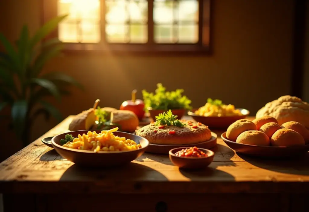 Mesa farta com feijão tropeiro vegetariano e acompanhamentos.
