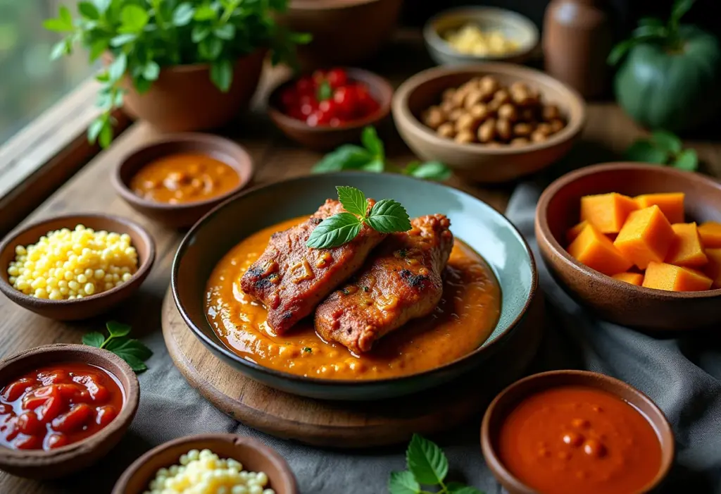 Mesa farta com frango com pequi, prato típico do cerrado brasileiro.