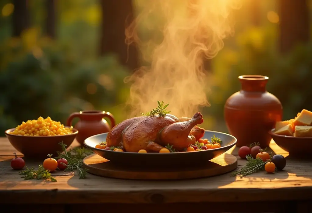 Mesa farta com frango com pequi, prato típico do cerrado brasileiro.