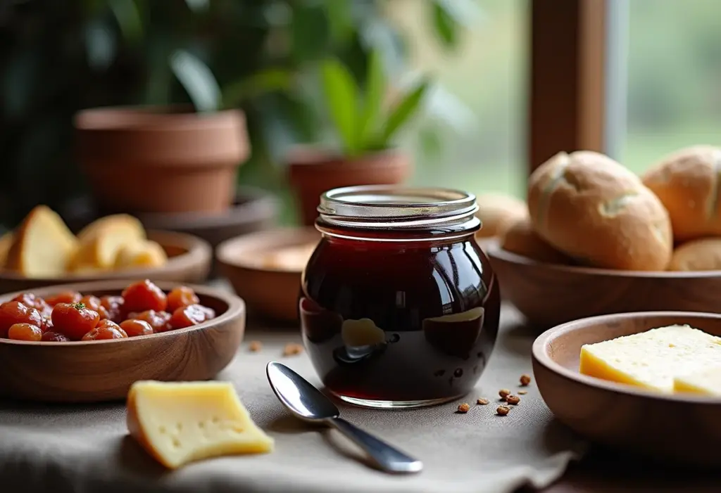 Mesa farta com geleia de café, queijos, pães e carnes grelhadas.
