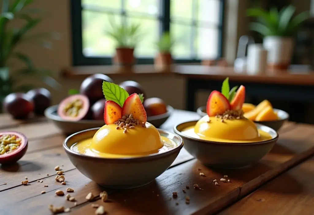 Mesa farta com mousse de manga e maracujá.