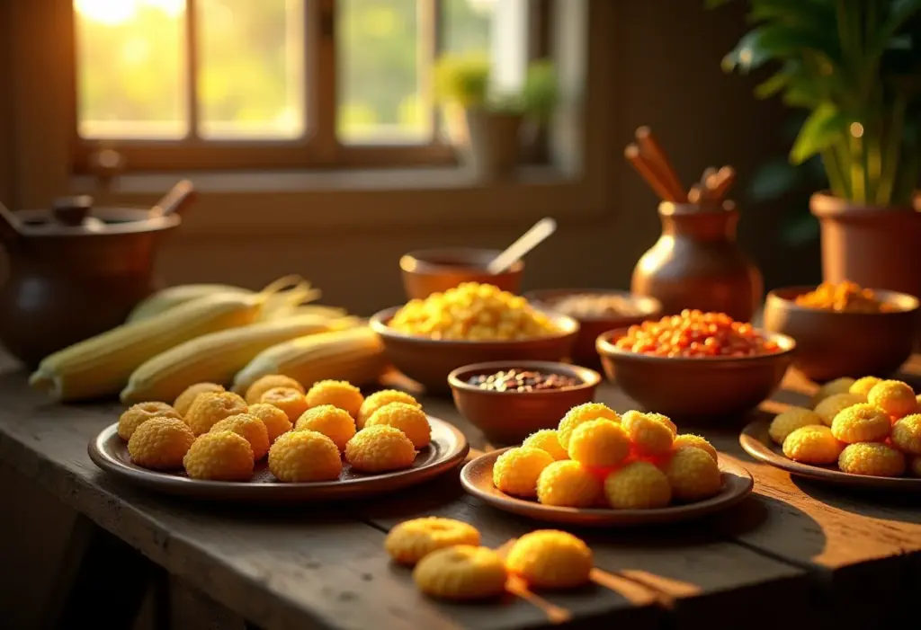 Mesa farta com pamonhas goianas doces e salgadas.