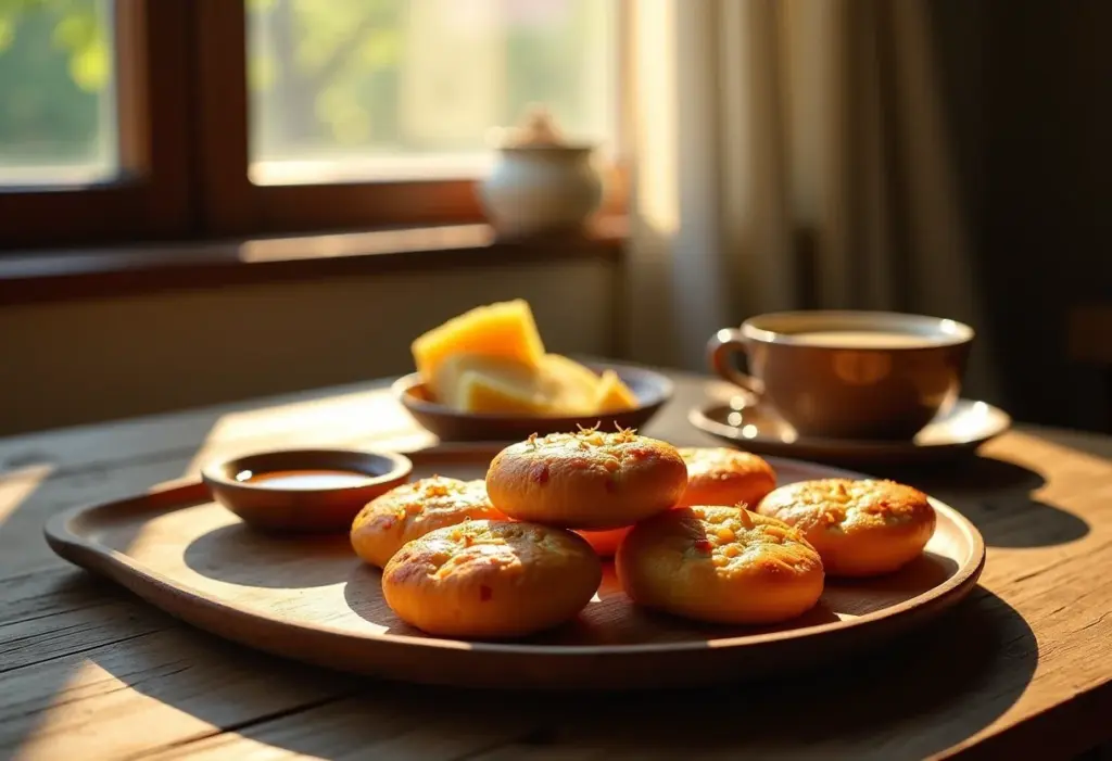 Mesa farta com pão de queijo recheado com carne seca, queijos e café.