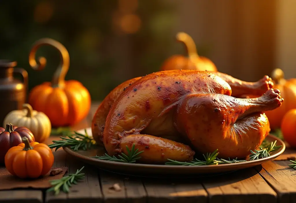 Mesa farta com peru e chester assados, prontos para a ceia