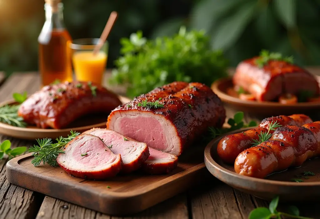 Mesa farta com pratos mineiros de carne de porco