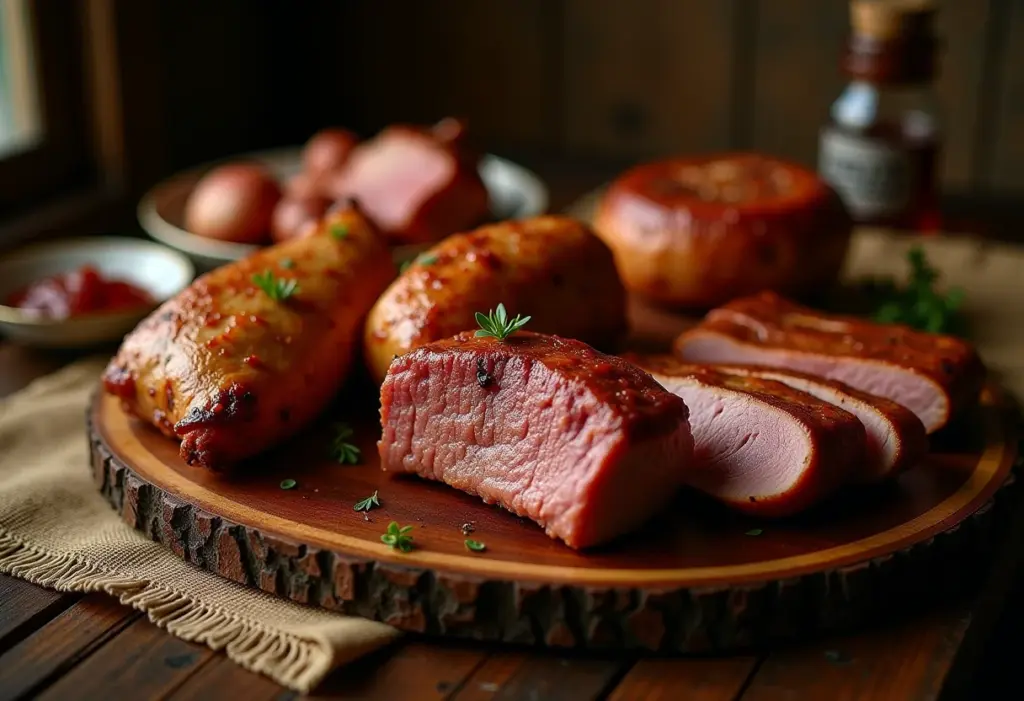 Mesa farta com pratos mineiros de carne de porco