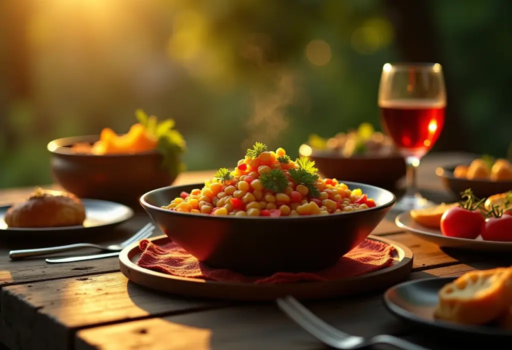 Mesa farta com salada de jiló e outros pratos típicos mineiros