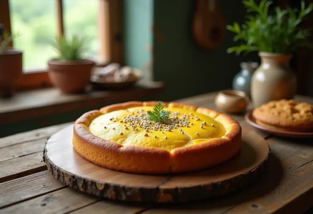 Mesa posta com bolo de fubá fofinho e erva-doce.