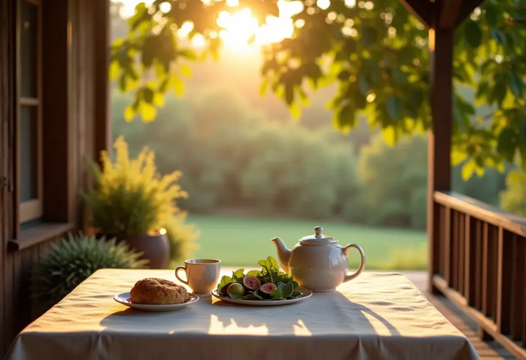 Mesa posta com chá de figo em varanda rústica.