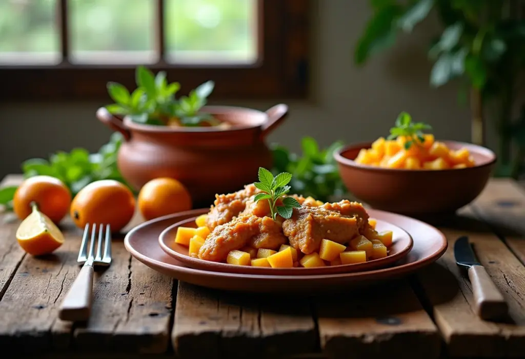 Mesa posta com Frango com Pequi, prato típico do Cerrado brasileiro