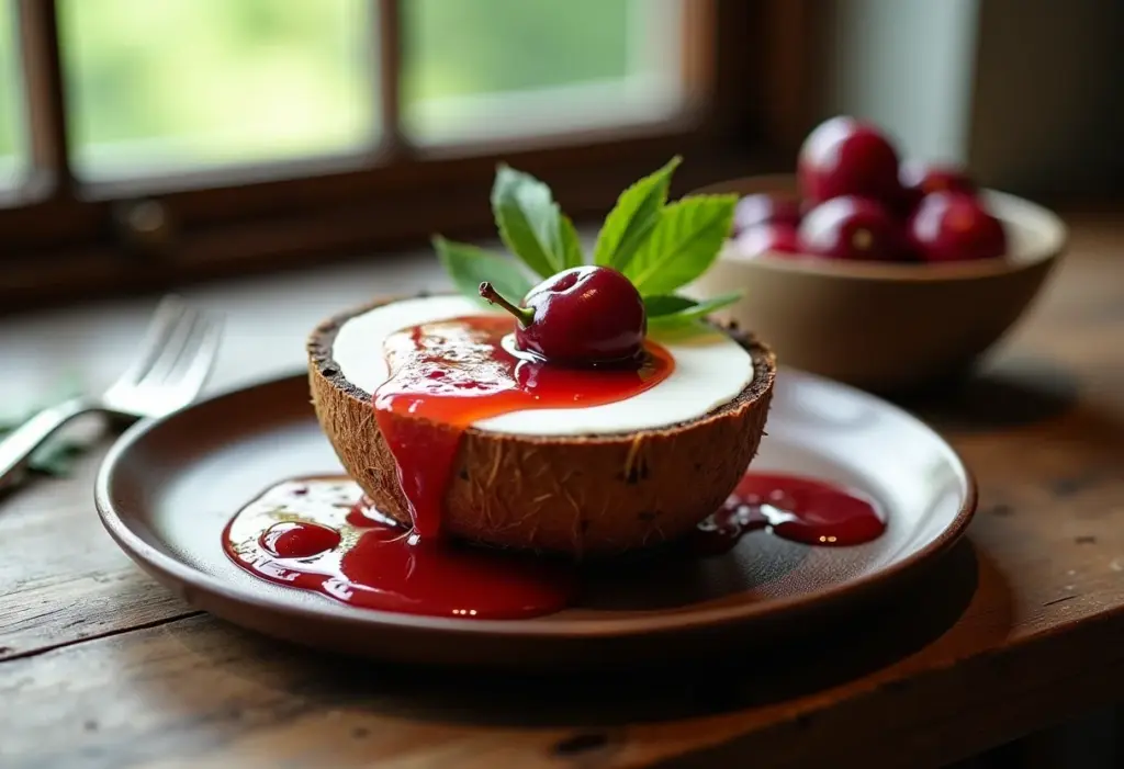 Mesa posta com manjar de coco e calda de ameixa, pronto para servir.