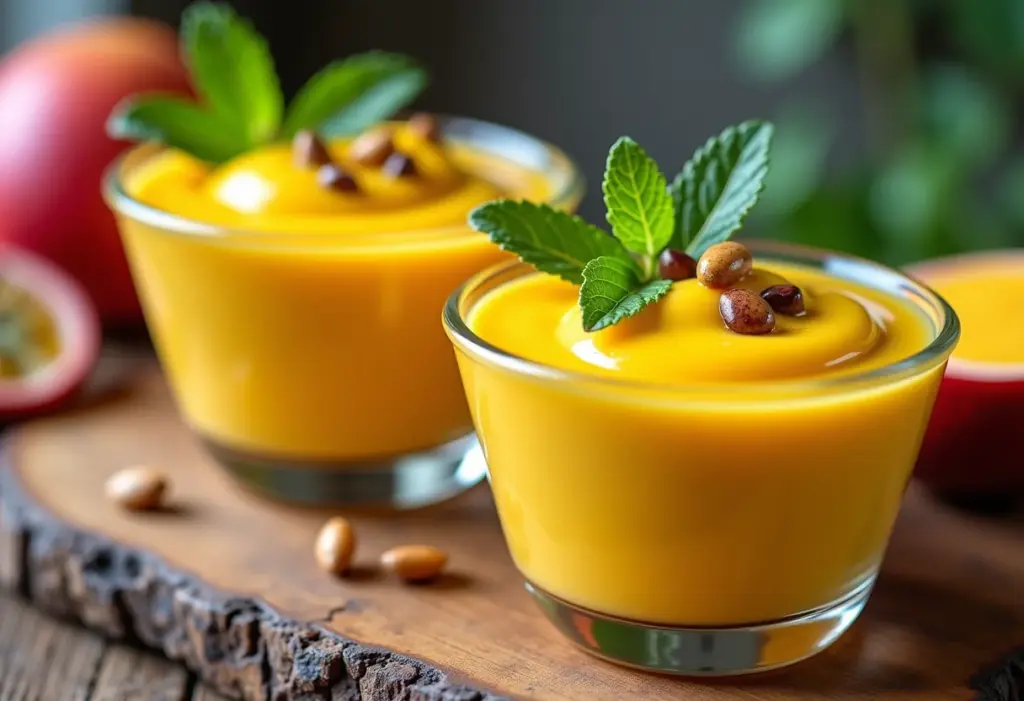 Mesa posta com mousse de manga e maracujá