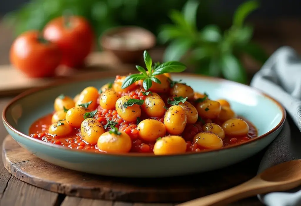Mesa posta com Nhoque de Sêmola gratinado, pronto para servir