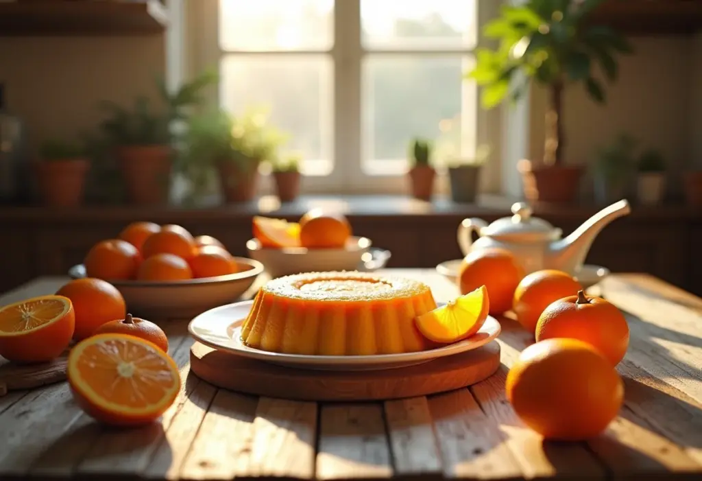 Mesa posta com pudim de laranja cremoso e laranjas frescas.