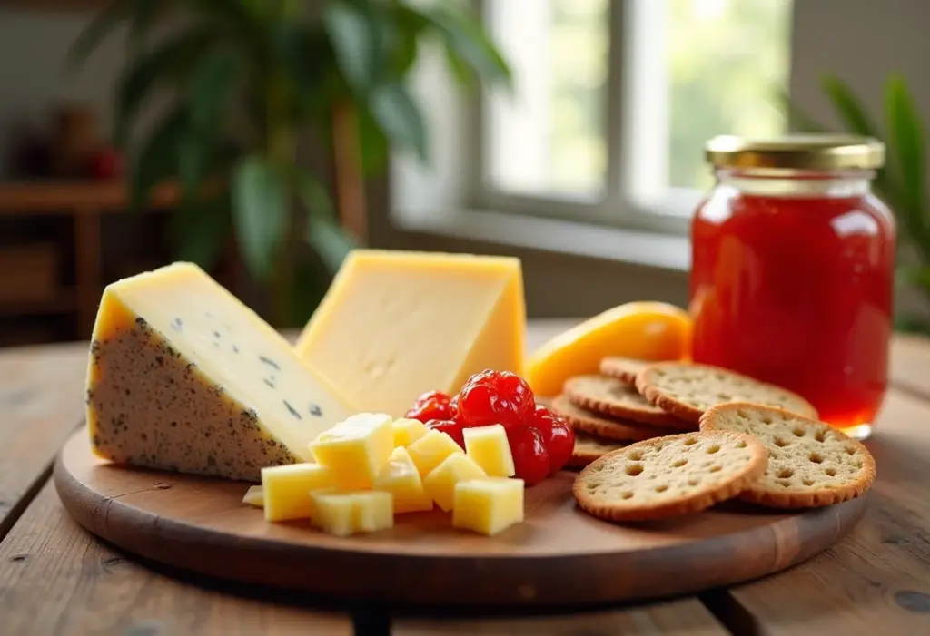 Mesa posta com queijos, pães e geleia de pimenta
