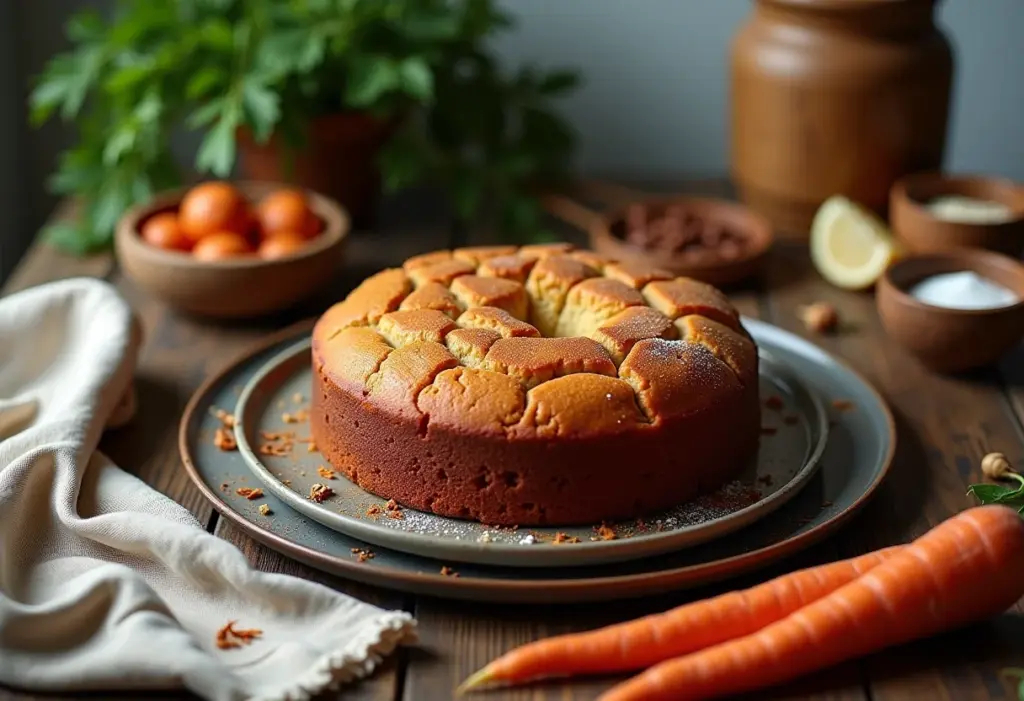 Mesa posta com um delicioso Bolo de Cenoura Americano, pronto para ser servido.
