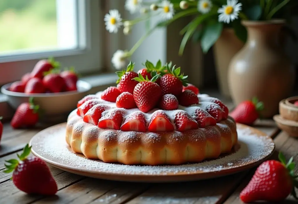 Mesa posta com um delicioso Pavê de Morango caseiro.