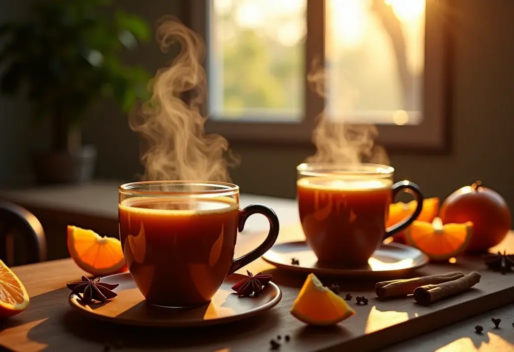 Mesa posta com vinho quente, especiarias e decoração rústica de festa junina.