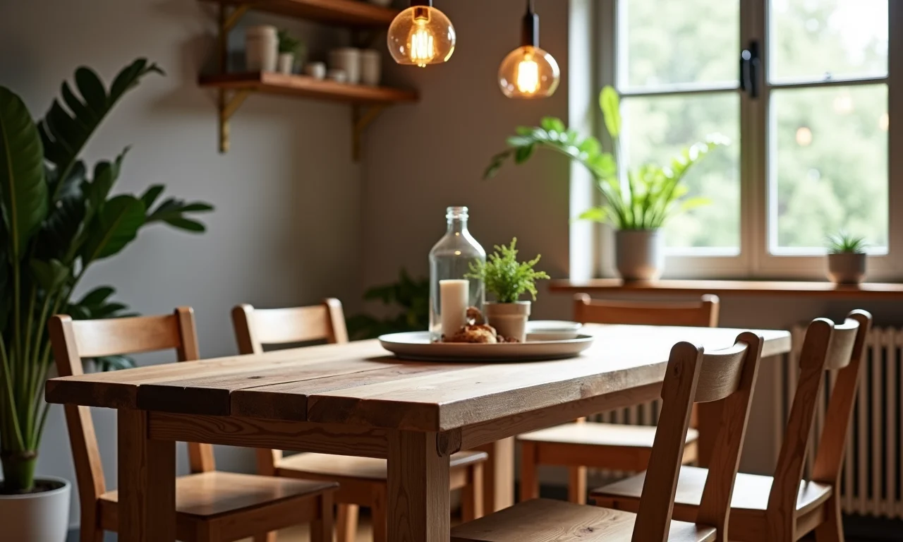 Mesa rústica acessível em sala de jantar aconchegante.